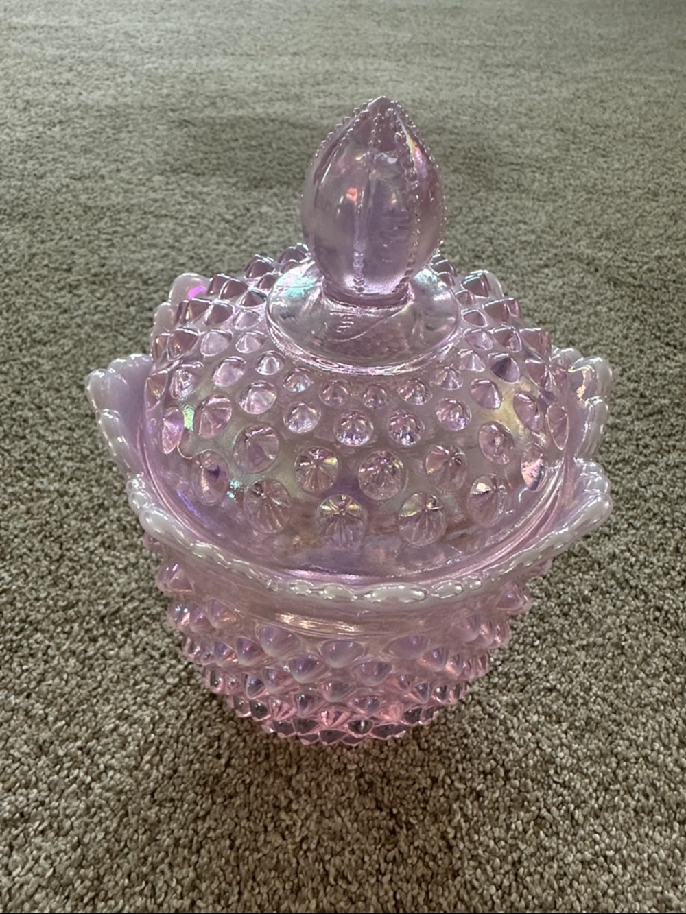 Vintage Iridescent Pink Hobnail Glass Lidded Candy Dish